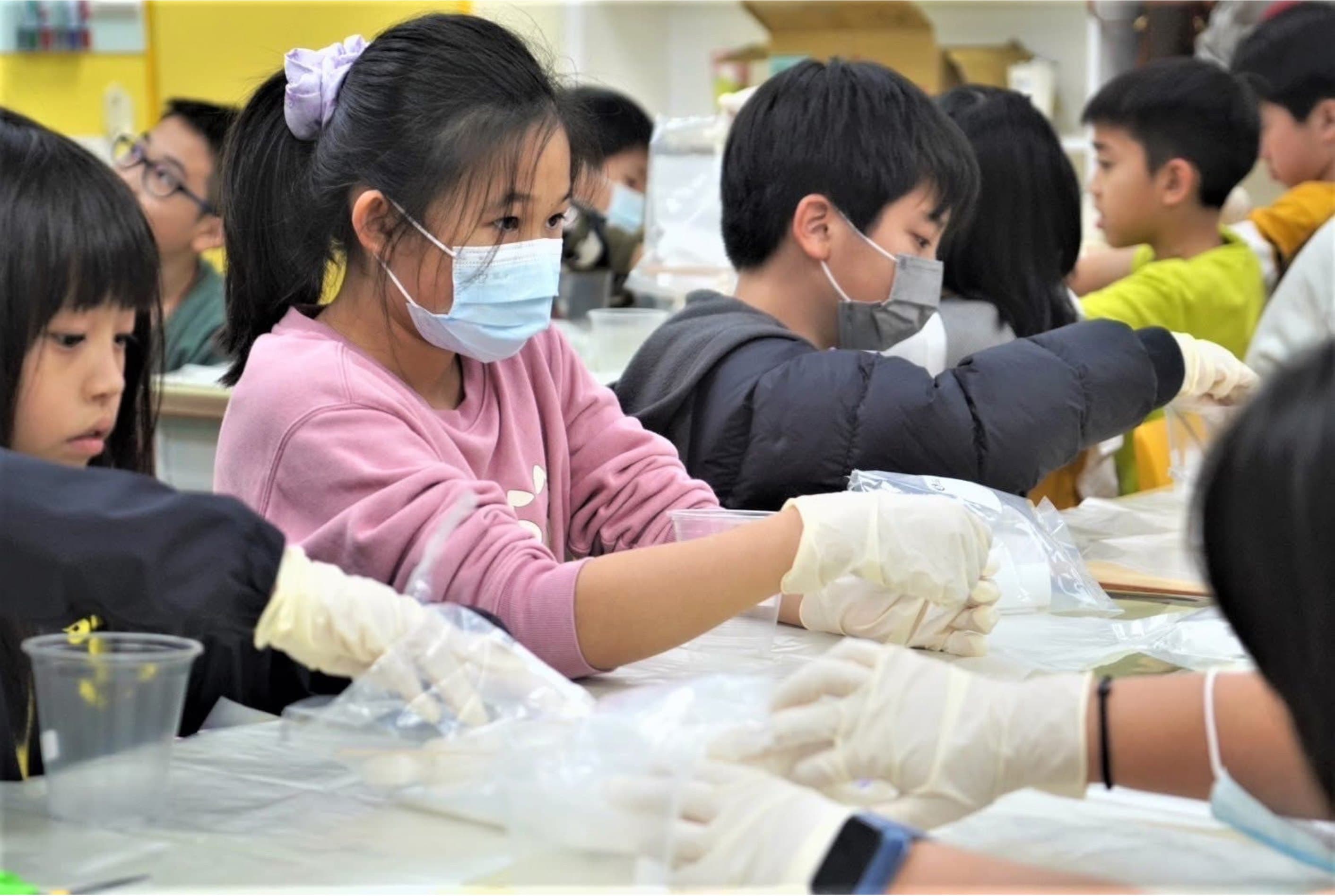 自然實驗課程:學生戴著手套,在鋪好防護墊的實驗桌上分組進行實驗操作。